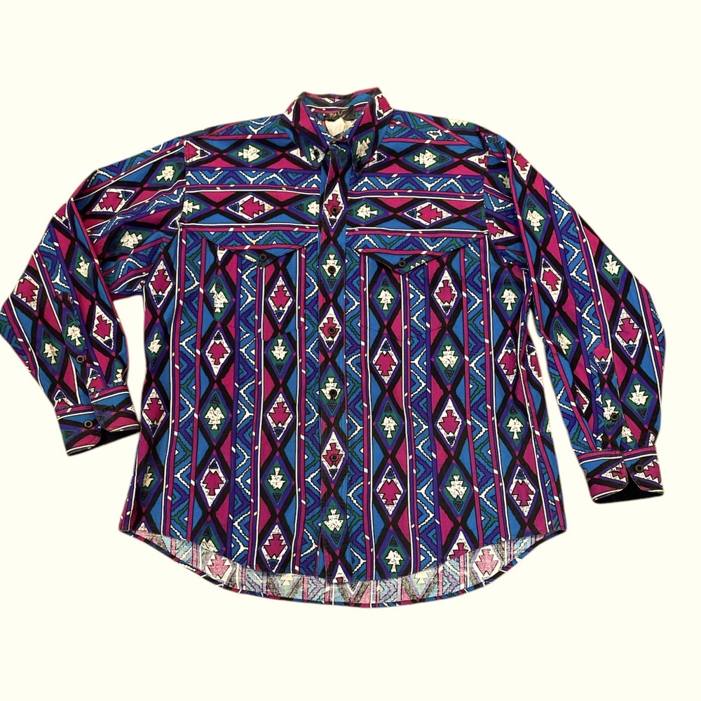 Vintage Moe Bandy Western Shirt Button Down Colorful Geometric Aztec Size Large